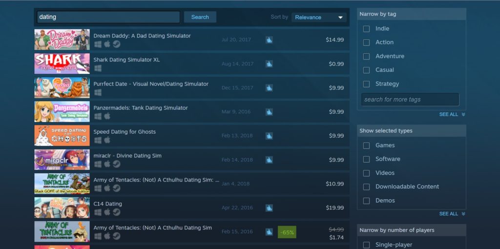 A Steam Search of Dating Games